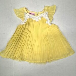VTG Nanette Baby Girls 6-9M Yellow Pleated Dress Lace Trim Flutter Tulle Chic EC